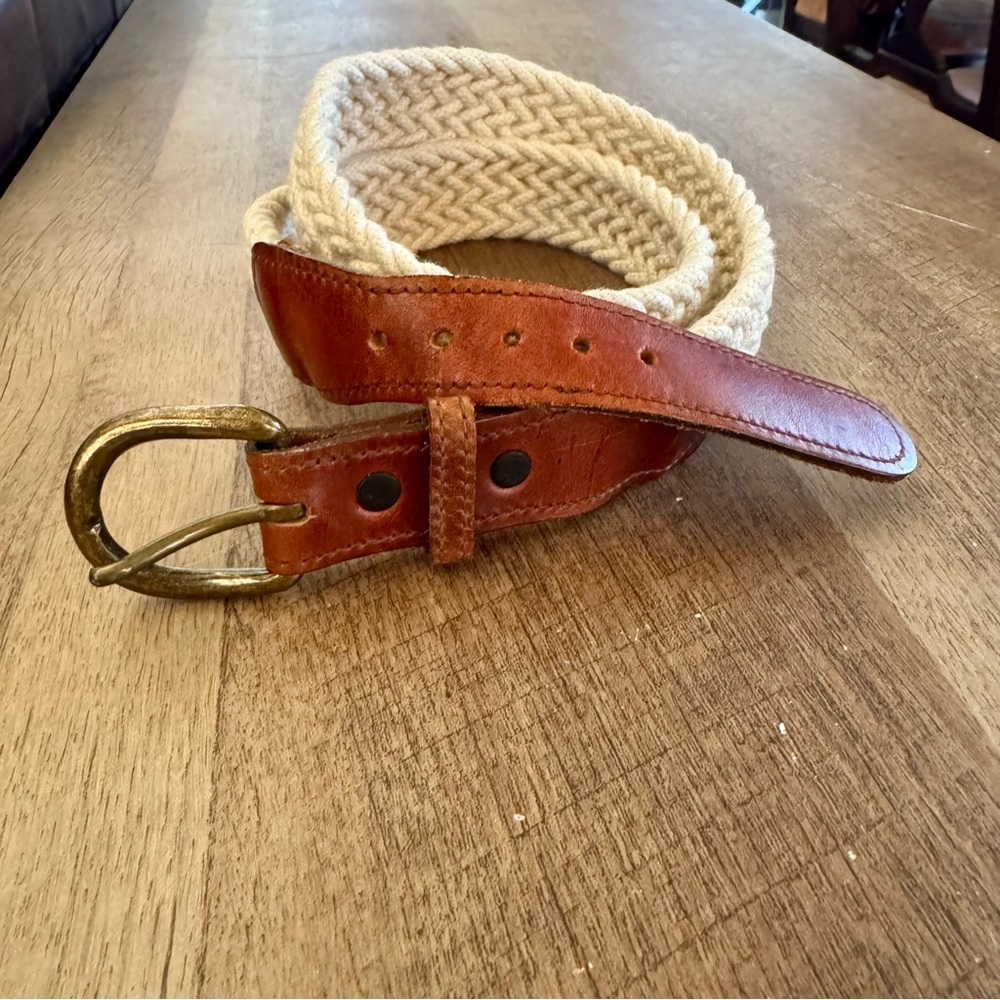 Vintage 90s Brown Leather and Cream Woven Fabric Belt